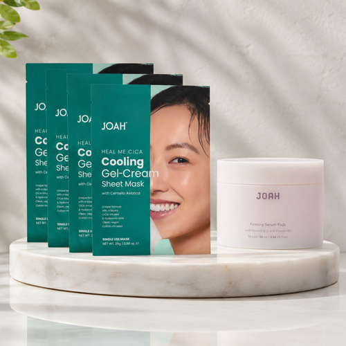 Mask and firming pads on K-beauty background