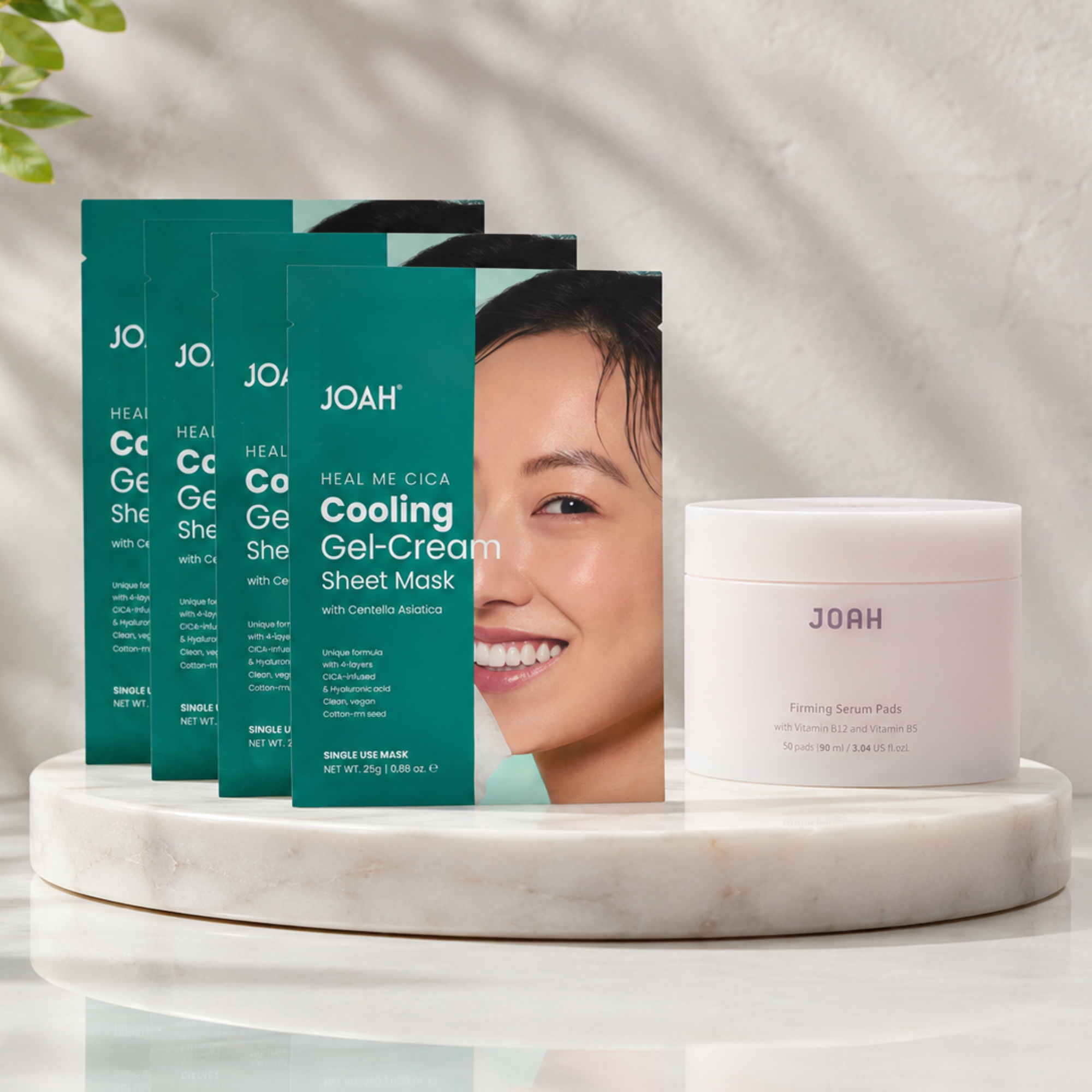 Mask and firming pads on K-beauty background
